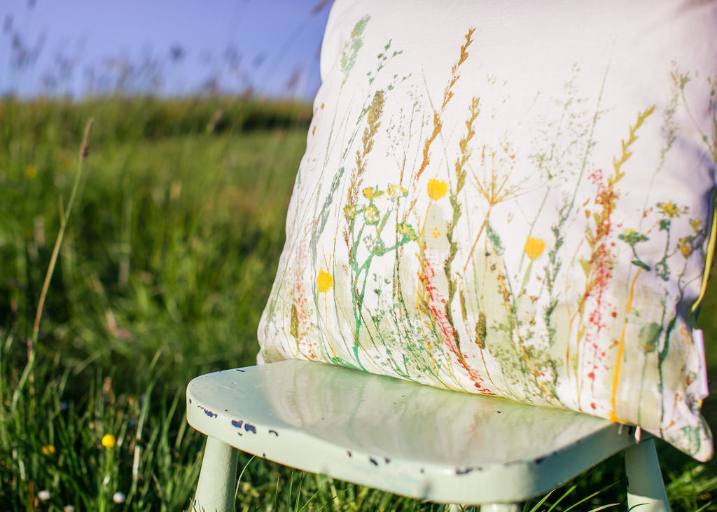 Linen-Cotton Cushion featuring a meadow inspired by artwork by Ruth Osborne Art