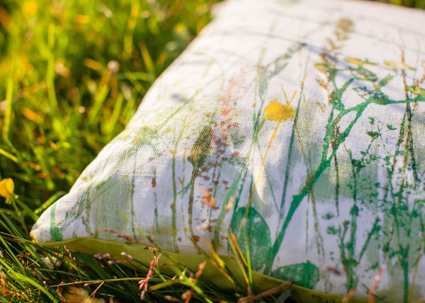 Linen-Cotton Cushion featuring a meadow inspired by artwork by Ruth Osborne Art